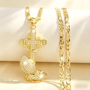 14K Gold Plated Boho Style Pendant Necklace with Cross & Prayer Hand Design - Sparkling Zirconia, Elegant Religious Jewelry for Weddings, Parties, and Special Occasions, Festive Accessory|Bohoinspired Design|Durable Chain, Christian Jewelry