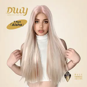 [CLEARANCE SALE] Aisha-DWY T Part Lace Front Pink Blonde Long Straight Glueless Synthetic Wig for Women 28 Inches