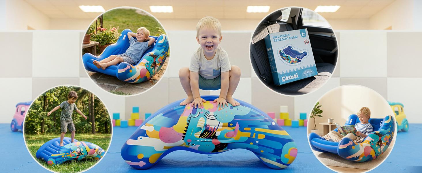 Crakrora Rocking Sensory Chair for Kids Baby Inflatable Air Cloud Rocker Sofa for Autism ADHD Toddlers 3-8 Years Gifts Premium PVC Leak-Proof Portable Inflation Self-Soothing Motor Skills Training