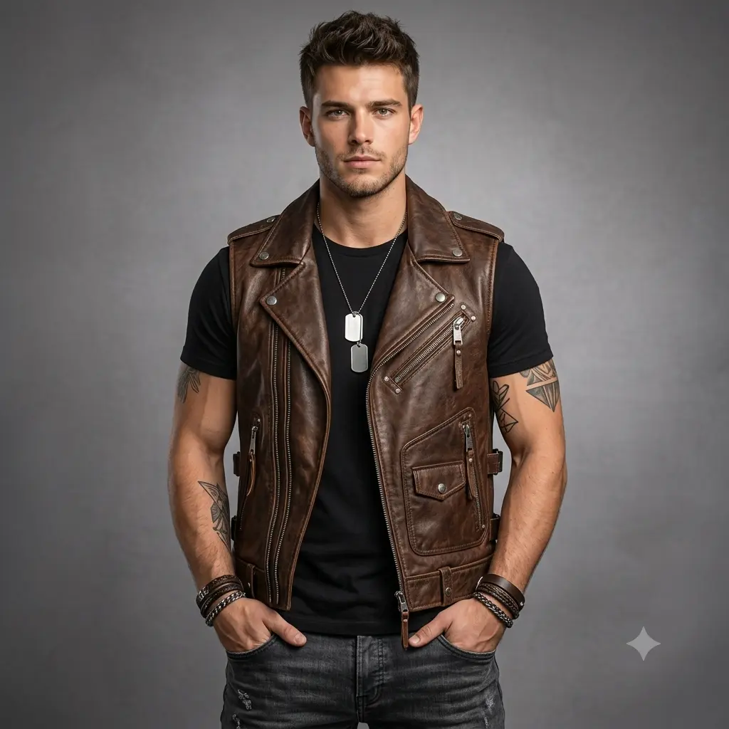 Men's Brown Genuine Leather Biker Vest - Vintage Cafe Racer Motorcycle Waistcoat