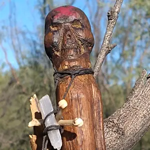 The Conjure cane of Mr. Bones & Oduda handmade positive influence figure or spirit stick conjure cane religious ritual tools shamanismmagic Hoodoo voodoo native American spiritual work day of the dead Baron Samadhi ghade deathwalker spiritual hospice work