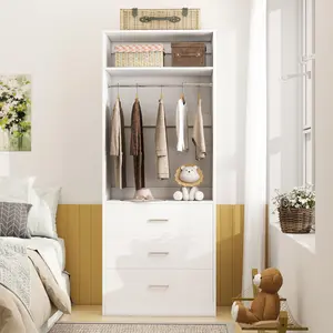 Unikito Freestanding 2FT Wood Closet System with 3 Wooden Drawers,Modular Design 24" W Walk-in Closet Organizer System with Hanging Rod & Shelves for Small Closets