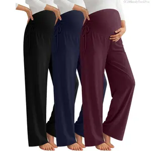 3 Pack Women's Maternity Pants Over The Belly Loose Pregnancy Pants Stretchy Lounge Wide Leg Trousers with PocketsCC29HandyToolPro