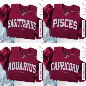 (LEAVE A NOTE OR DM SHOP) Personalized Zodiac Sweatshirt with Custom Year - Maroon, Astrology Crewneck Pullover, Cute Horoscope Gift, Unisex Star Sign Birthday Outfit for Zodiac Lovers