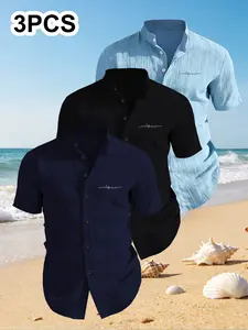 3-Pack Men's Summer Short Sleeve Casual Shirts, Chest Print Design, Lightweight Breathable Solid Stand Collar Button Shirt, Ideal for Beach Poolwear