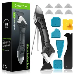 Caulking Tool 5 in 1 Silicone Caulking Grout Removal Sealant Finishing Tool with Grout Scraper, 6 Exchange Silicone Pads, Adhesive Residue Scraper Seam Repair Kit for Kitchen Bathroom White