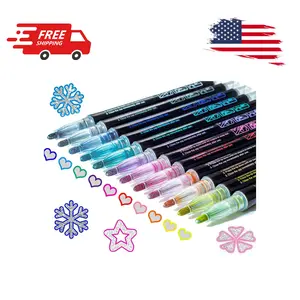 Double Line Art Marker Pen, 12 Shimmer Glitter Self Outline Pen Metallic