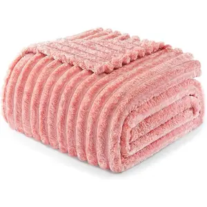 Size Flannel Fleece Blanket, Super Soft Striped Jacquard Bed Blanket, Lightweight Fuzzy Cozy for All Seasons, 90x90 Inches, Pink