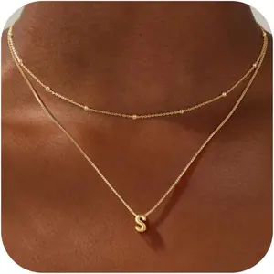 Initial Necklaces for Women - Gold/Silver Bubble Pendent Dainty Gold Necklace for Women Layered Letter Necklace Beaded Box Chain Choker Necklace Gold Jewelry for Women Gifts for Girls