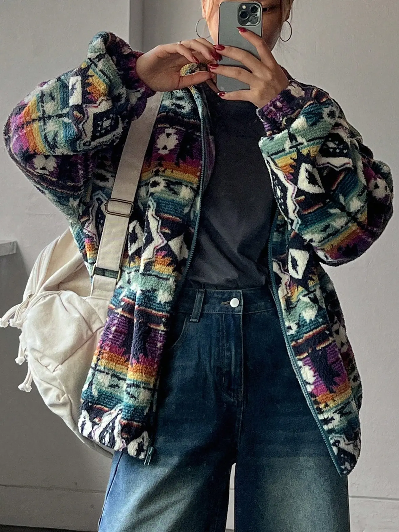 Women's Aztec Tribal Print Fleece Long Sleeve Zipper Jacket, Y2K Boho Loose Fit Fur Coat, Trendy Fall Winter Street Style Loose Comfy Fashionable Outerwear, Everyday