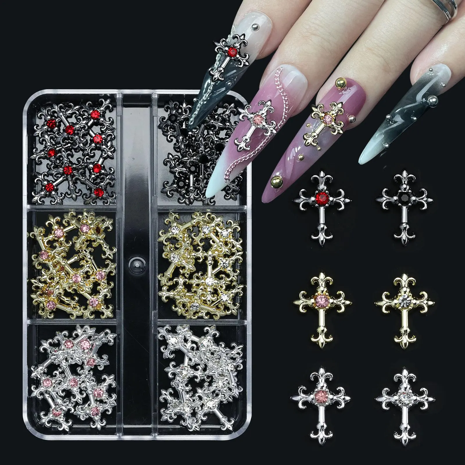 3d cross nail art zircon embedded retro alloy rhinestones Y2K gothic punk metal style nail accessories DIY charm nail decoration