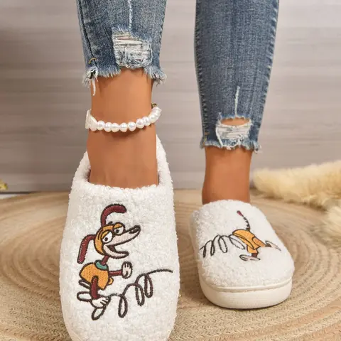 Women's Embroidered Cartoon Cute Slippers, Non-Slip Indoor Home Shoes, Perfect for Living Room and Bedroom, Fall & Winter Casual Footwear