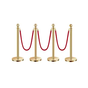 VEVOR 4PCS Gold Stanchions Posts with 3PCS 4.92 ft Red Velvet Rope, Red Velvet Rope Stanchion Set Crowd Control Barriers, Stanchions and Velvet Ropes Red Carpet Poles for Party Supplies