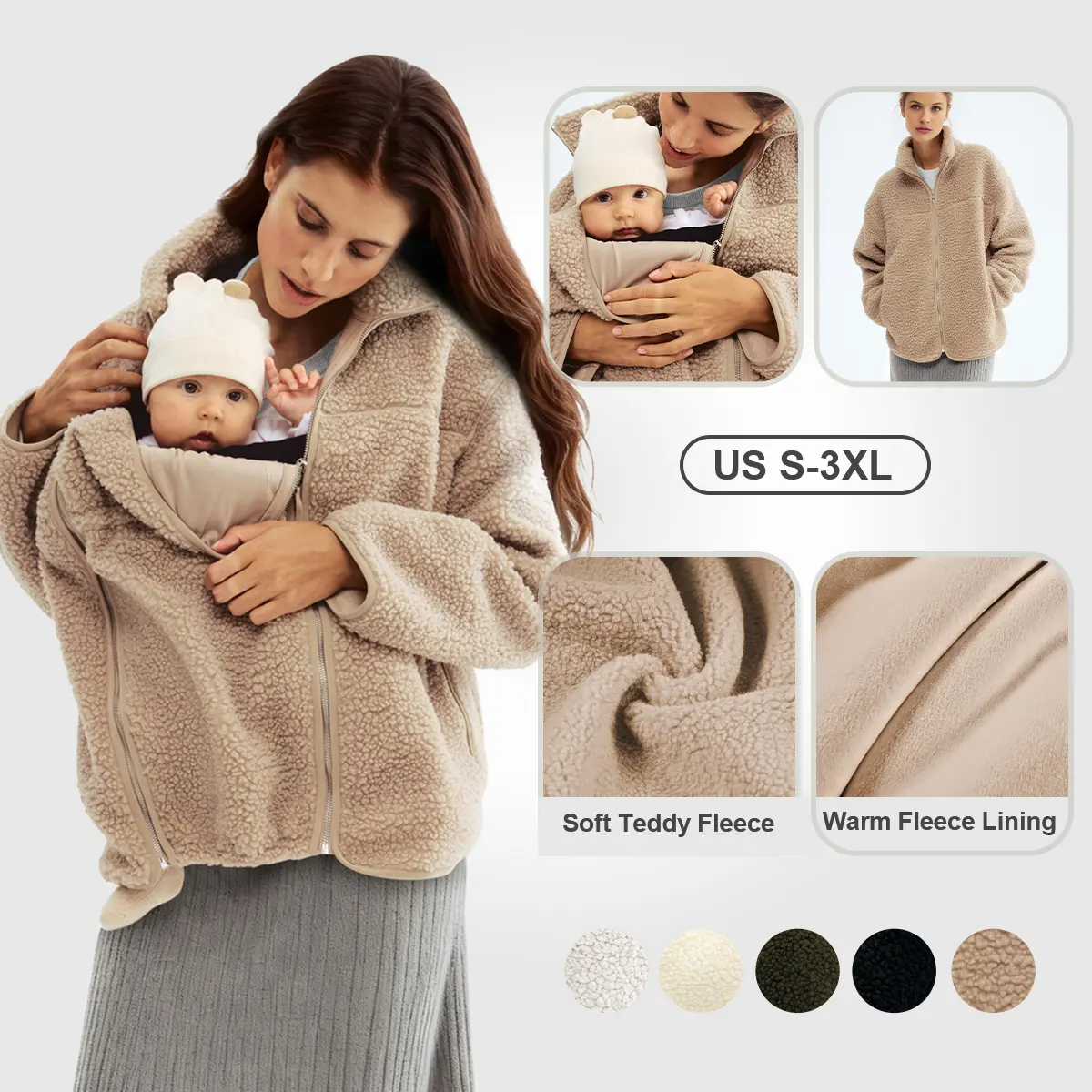 Pwest MAMA Women's Before & After Babywearing Casual Teddy Fleece Coat - Long-sleeve Zippered Outerwear Tops with Pocket, Detachable Panel, Winter Warmth, 2-in-1 Design, Maillard Color,back to school,back to school haul