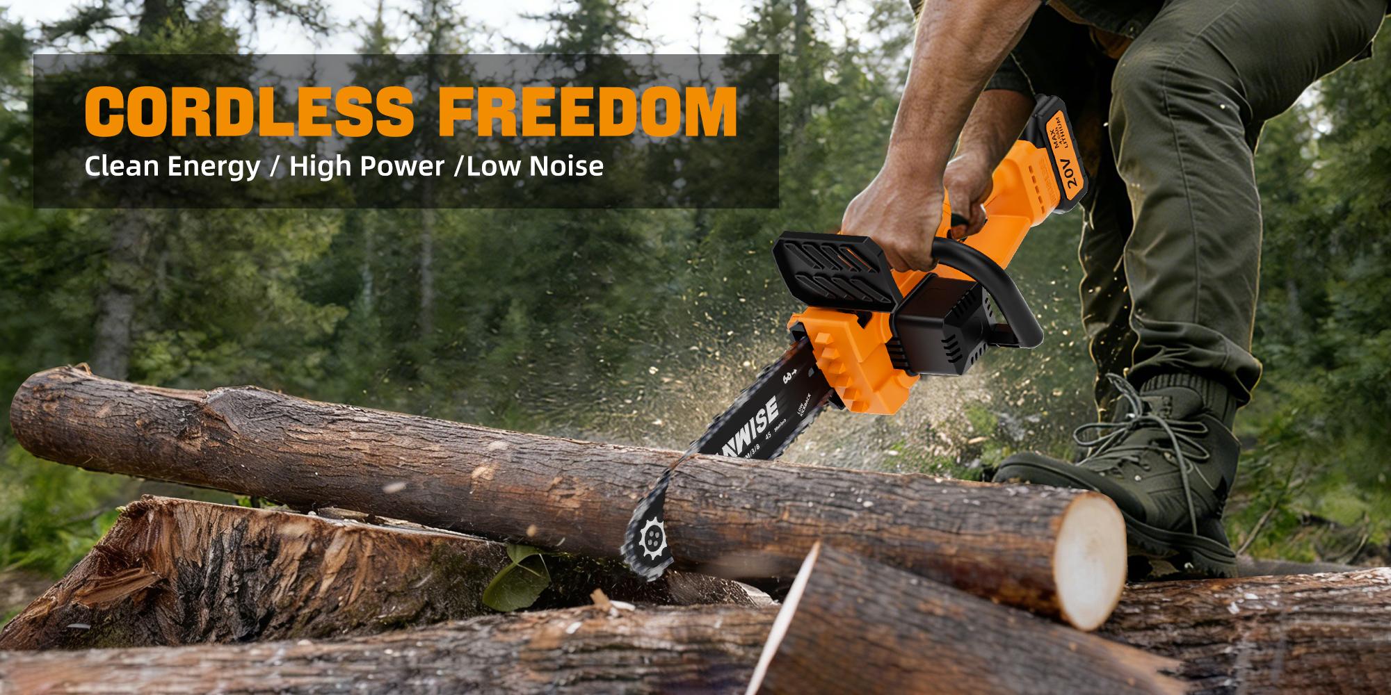 HANWISE 12 inch brushless electric chain saw, enhanced handheld design, with wireless and portable functions. Suitable for cutting wood, pruning trees, and maintaining courtyards and gardens. It is an excellent gift choice for men and husbands.