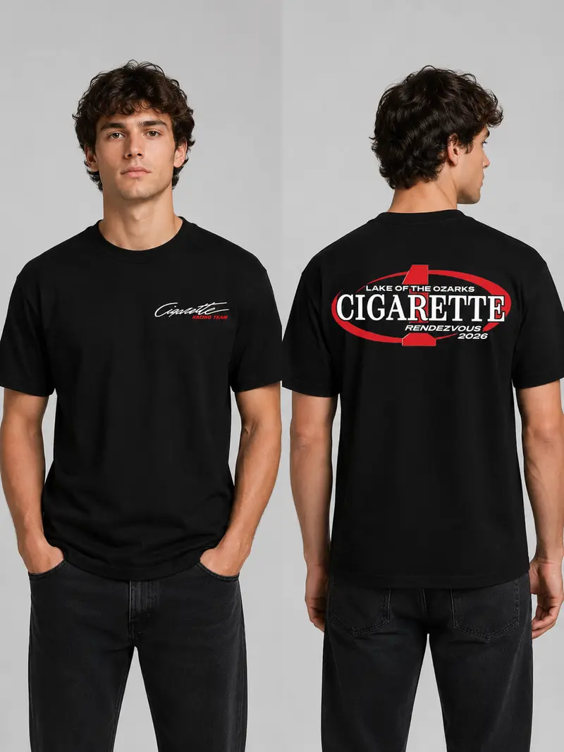 Men's Cigarette Racing Team Ribbed Seamless Print Top, American Offshore Legend Graphic Tee, World Champion Boat Racing Style Fabric T-Shirt