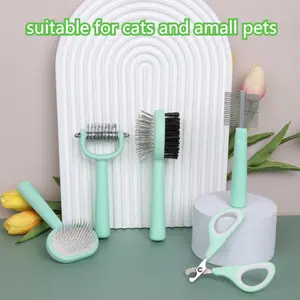 Dog Brush Kit for Grooming Short & Long Haired Dogs & Cats, 5 in 1 Pet Grooming Set for Small Animals, 5 PCS Puppy Self-Cleaning Slicker Brush and Pet Comb for Shedding