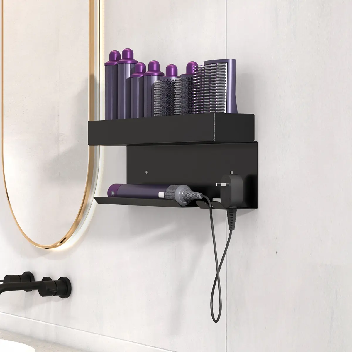 Wall-Mounted Hair Dryer Stand, Hair Dryer Holder, Hair Dryer Rack, Space-Saving Multi-Functional Organizer, Ideal for Bathroom, Salon, Curling Iron Storage