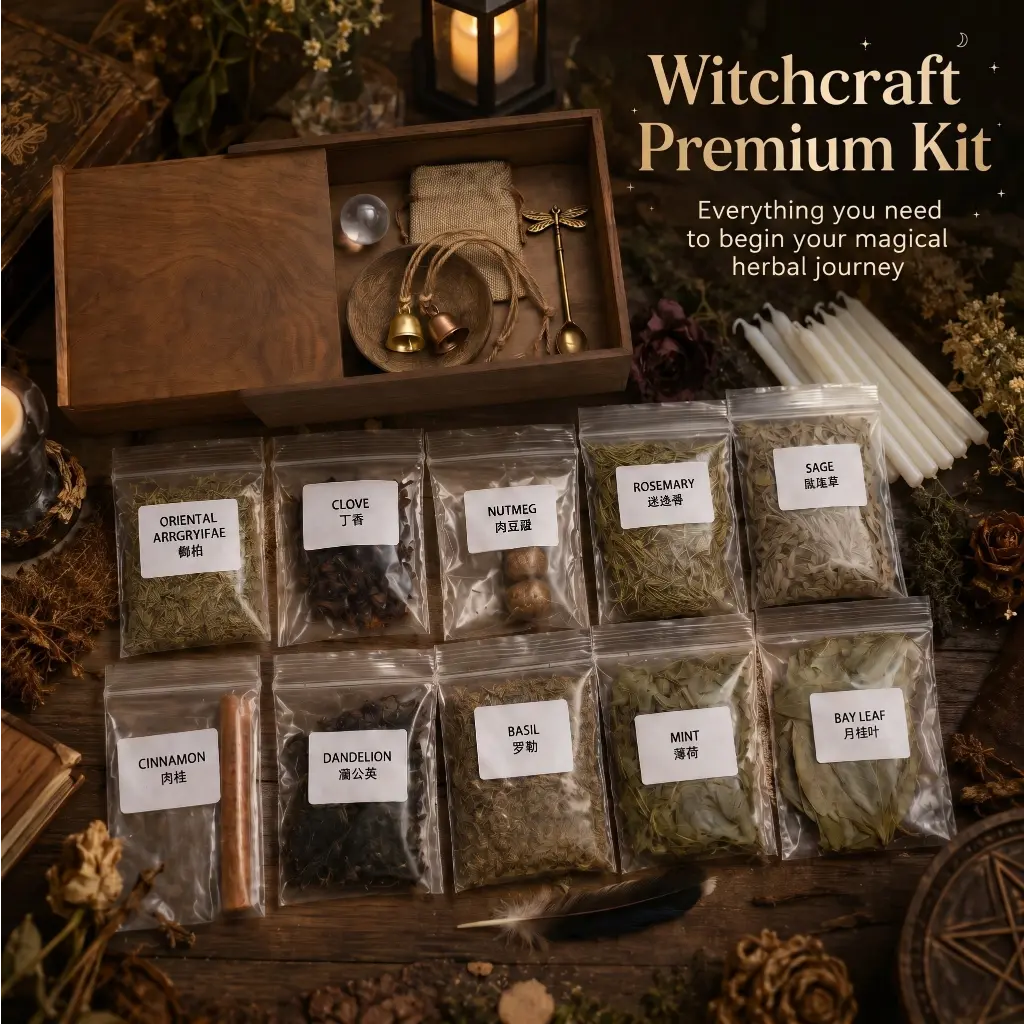 Prosperity Witchcraft Starter Kit with Wooden Box – 10 Natural Herbs, Crystal Ball, Ritual Candles, Gold & Copper Bells, Spoon & Altar Supplies