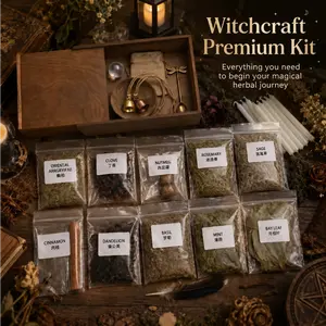 Prosperity Witchcraft Starter Kit with Wooden Box – 10 Natural Herbs, Crystal Ball, Ritual Candles, Gold & Copper Bells, Spoon & Altar Supplies