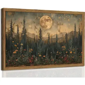 Vintage Moon Forest Wall Art, 3D Textured Nature Landscape Wall Decor Paintings, Hand Drawn Sandstone Woodland Wildflower Picture Prints Artwork for Bedroom Living Room