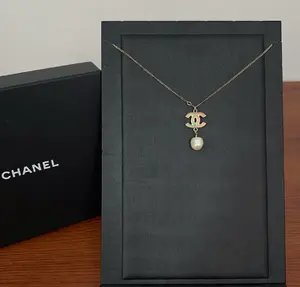 Pre-owned Chanel Peach/Green Enamel CC Faux Pearl Drop Necklace mq170