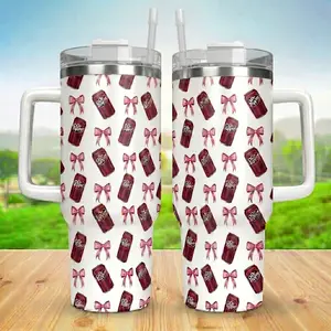 Dr Pepper Soda Can And Pink Bows 40oz Insulated Tumbler With Handle & Straw, Cute Coquette Aesthetic Seamless Pattern White Stainless Steel Travel Mug, Trendy Soda Lover Gift For Her, Girlfriends, Trending Cup On Tiktok Beverage