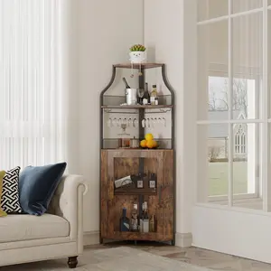 5-Tier Corner Wine Rack and Bar Cabinet with Detachable Glass Holder, Adjustable Shelves, and Mesh Door – Industrial Corner Liquor Cabinet for Home Bar and Small Sideboard,Retro