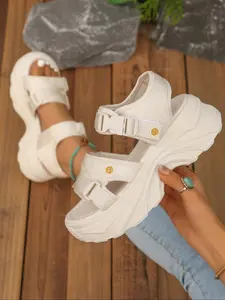 Women's Smiley Face Chunky Platform Sport Sandals, Adjustable Buckle Design, Textile Upper & Rubber Sole, Less Than Ankle Style