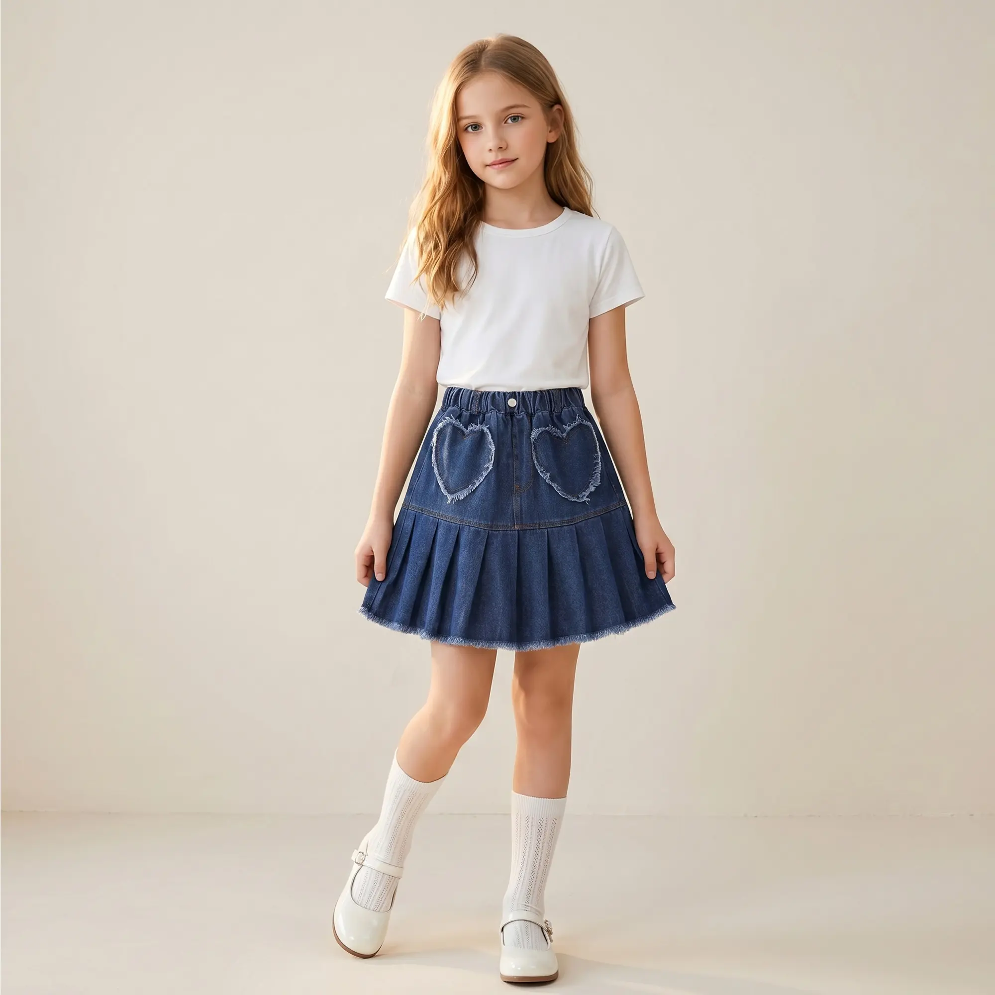 Girls’ ruched denim skirt with heart embroidery, elastic waistband, dark wash A-line silhouette, suitable for ages 5–16 children/teenagers, classic denim blue