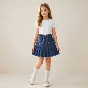 Girls’ ruched denim skirt with heart embroidery, elastic waistband, dark wash A-line silhouette, suitable for ages 5–16 children/teenagers, classic denim blue