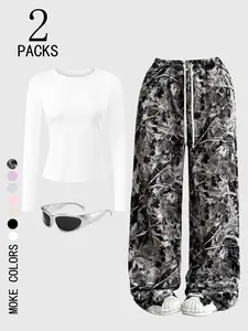 Women's Loose-Fit Round Neck Long Sleeve Sweatshirt Set, Casual Fashion, Pure Color, Drawstring Adjustable Pants, Comfortable Daily Wear