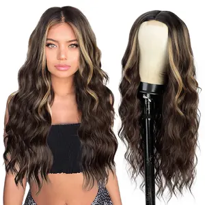 AISI HAIR 26inch Long Wavy Wig Highlights Color Synthetic Curly Middle Part for Women - Heat Resistant, Daily Party Use, Brown Mixed Blonde
