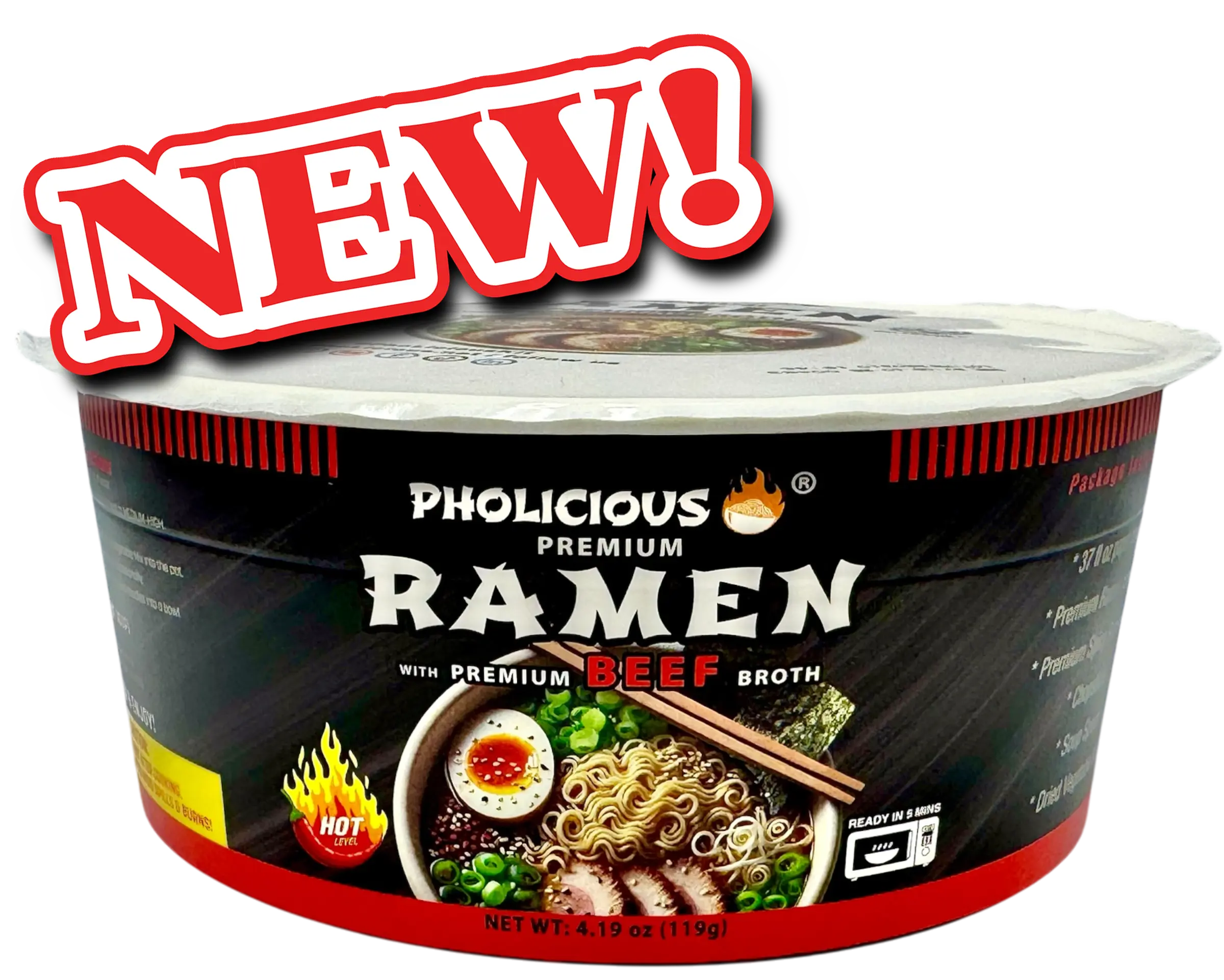 Spicy BEEF Premium Ramen, Instant, PhoLicious Brand, 4 Pack / 4.19 Ounce Bowls, Fresh Ingredients