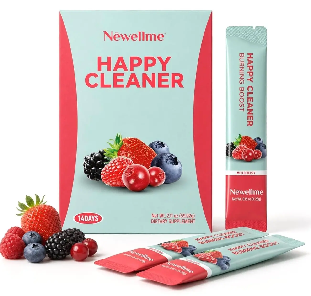 NEWELLME Happy Cleaner Greens Superfood Powder Packets, 14 Count | Berry sugar-free greens and fiber drink mix for gut health, digestive wellness, and travel-ready routines