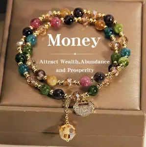 Double Layer Rainbow Tourmaline Round Bead Bracelet, Bohemian Jewelry for Daily Wear, Yoga, Gifting, Featuring Longevity Lock Charm, Color Design