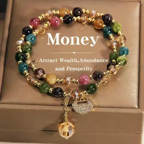 Unisex Double Layer Rainbow Tourmaline Round Bead Attraction Bracelet - Hypoallergenic Fit Charm with Longevity Lock Pendant, Bohemian Natural Resin Crystal Healing Jewelry for Daily Wear, Yoga Gifting, 7+ Crystal Vibes