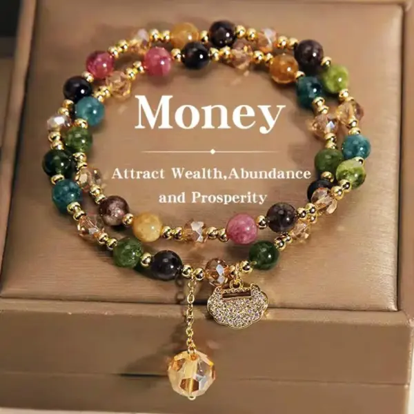 Unisex Double Layer Rainbow Tourmaline Round Bead Attraction Bracelet - Hypoallergenic Fit Charm with Longevity Lock Pendant, Bohemian Natural Resin Crystal Healing Jewelry for Daily Wear, Yoga Gifting, 7+ Crystal Vibes