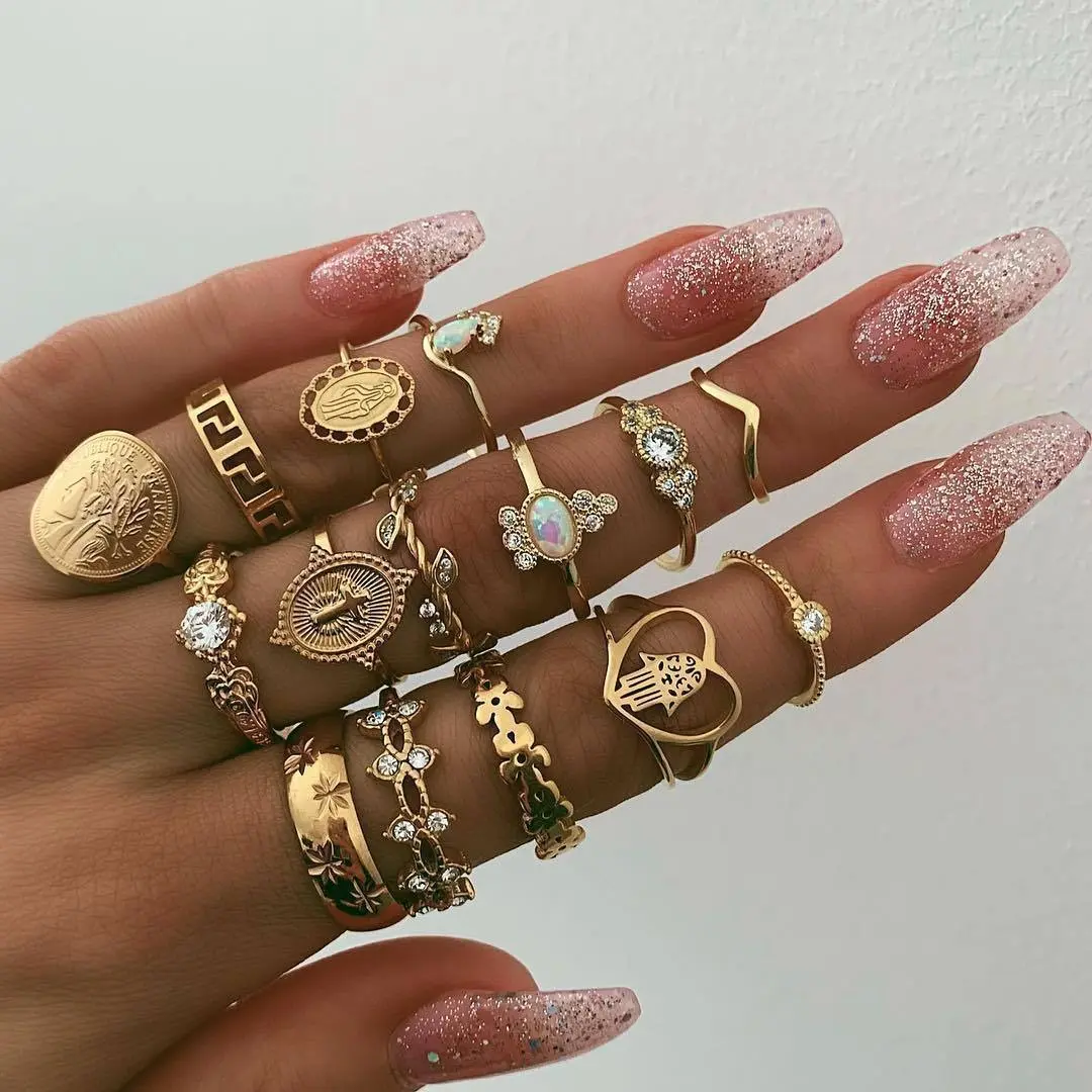 Vintage 15-Piece Stacked Ring Set for Women with Gold Coin, Cross & Heart Designs, Cute Style Jewelry, Rings For Women, Stacked Rings