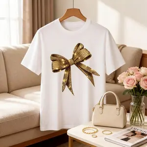 Women's Plus Size Vintage Graphic Tees Sparkly Gold Rhinestone Bow Oversized T-Shirt Glam Coquette Trendy Tops Casual Summer Cotton
