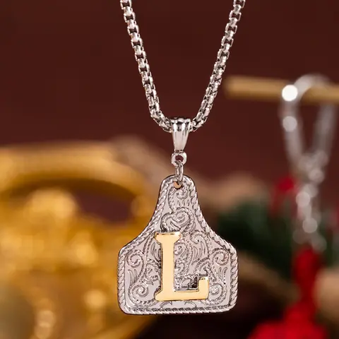 Cowboy Style Cow Tag Initial Necklace, 26-Letter, Stainless Steel Chain Jewelry, Gift for Valentine's Day & Birthdays, Western Style Jewelry