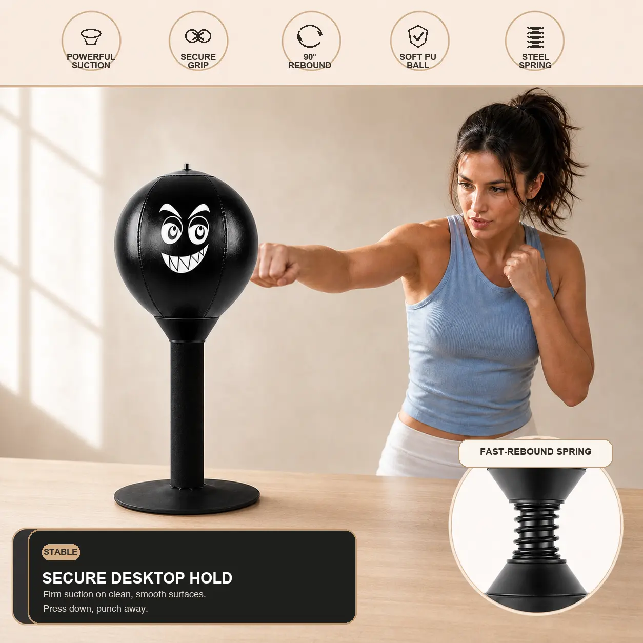 MifLog Desktop Inflatable Boxing Bag - PU Leather Stress Relief Set with Strong Polyurethane Suction Cup, Reflex Ball, Hand Pump, Needle - Gaming & Office Desk Use Gift for Teenage Boys (Boxing Equipment)