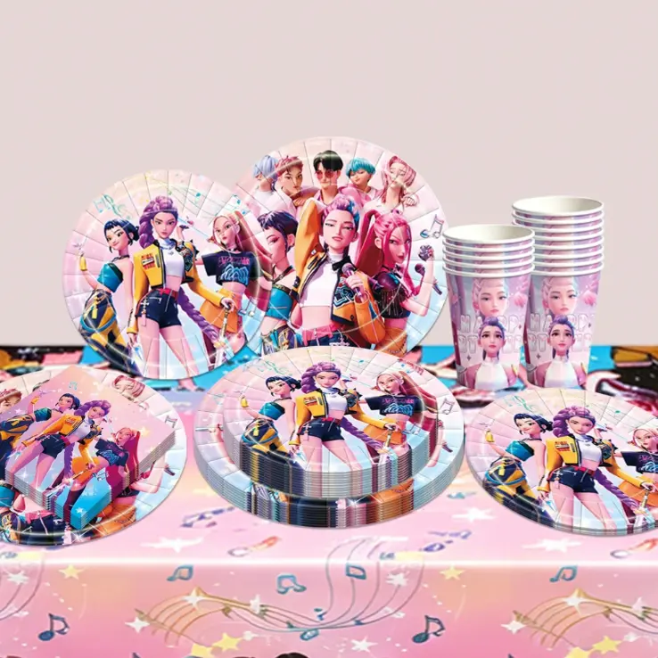 K-pop girl birthday disposable plate set 52-piece party set, including paper cups, banner, and tablecloth, suitable for 10 people, fan birthday surprise.