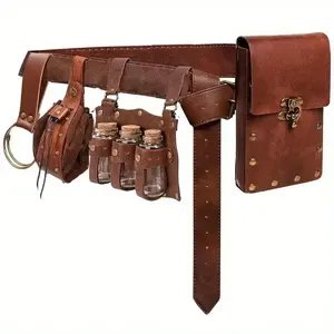 5 Pack Vintage Viking Waist Bags, Halloween Role Play Steampunk Phone Pouches, Retro Medieval Belt with Potion Bottles, Waist Belt Pocket
