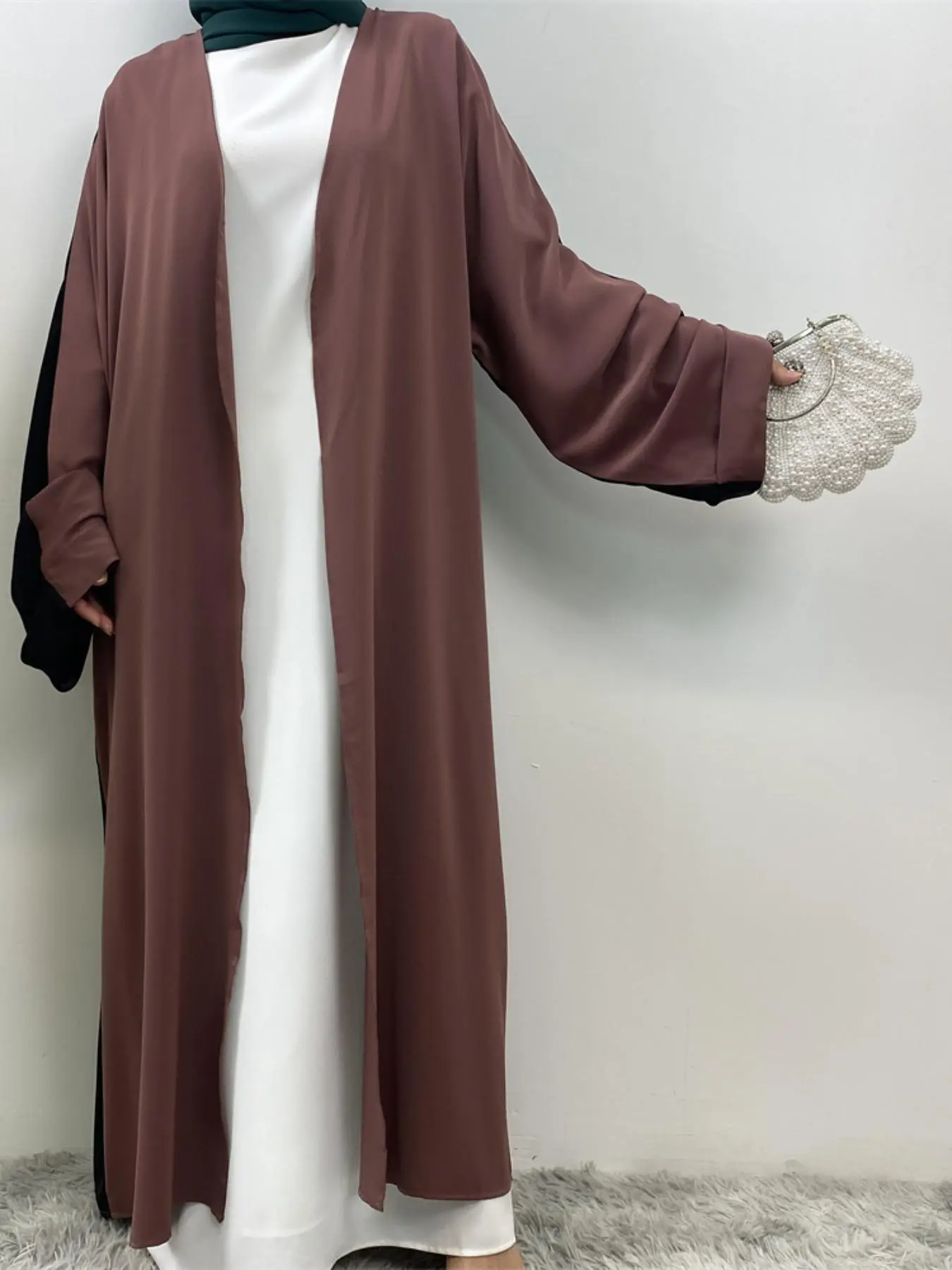 Women's Colorblock Long Sleeve Open Front Abaya, Modest Casual Batwing Sleeve Long Abaya for Daily Wear, Women's Islamic Clothing for Spring & Fall
