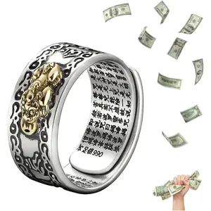 Hetica Feng Shui Pixiu Mantra Amulet Lucky Adjustable Ring Vintage Silver Copper Double Protection Wealth Love Health Jewelry Gift