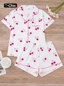 Women's Cherry Print Shirt & Elastic Waist Shorts Pajama Two-piece Set, Casual Comfy Short Sleeve Top & Shorts Pj Set, Ladies Sleepwear for All Seasons, Womenswear, Pyjamas