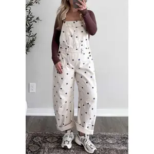 Jet Stream Polka Dot Print Bib Pocket Denim Barrel Overalls Jumpsuit