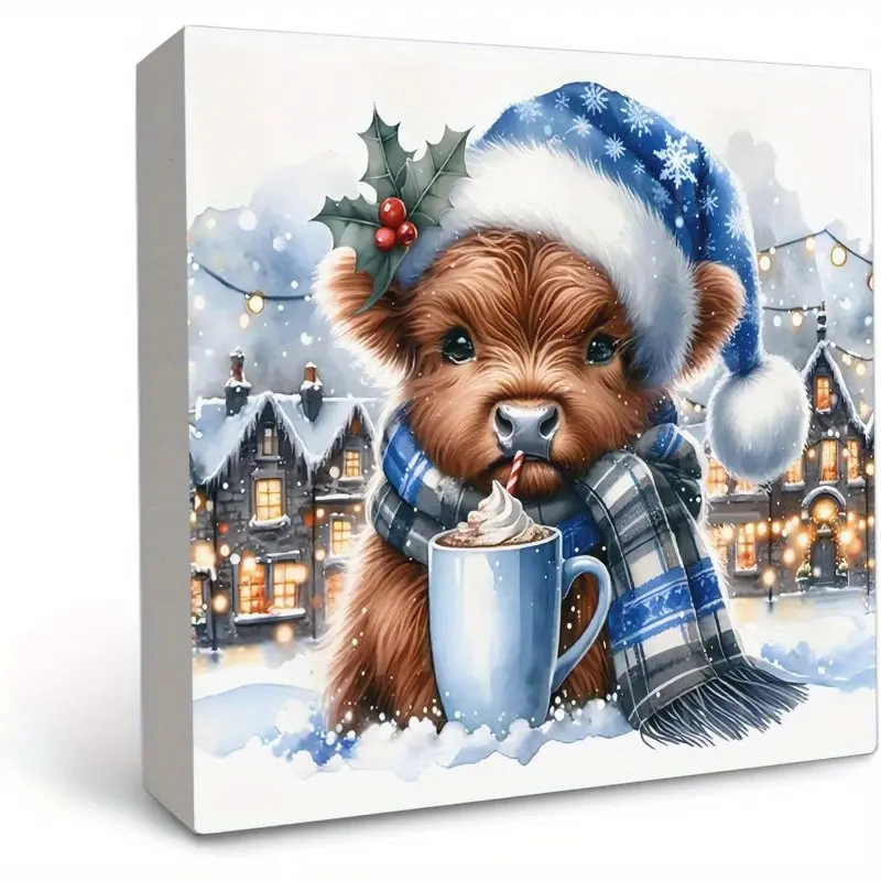 Christmas Halloween Decoration， Christmas Highland Cow Wooden Box Sign, Highland Cow Christmas Decorations, Western Christmas Decorations, Christmas Wood Signs for Home Office Desk Table Shelf Decor, 5x5 Inches