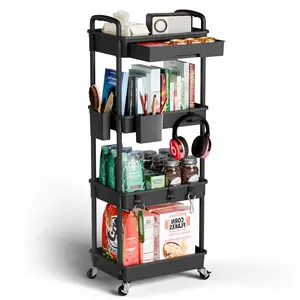 4 Tier Rolling Cart Organizer,Art Craft Diaper Bedside Snack Laundry Room Bathroom Organizer Narrow Thin Slim Rolling Trolley Utility Cart with Wheels for Kitchen,Office(Black)